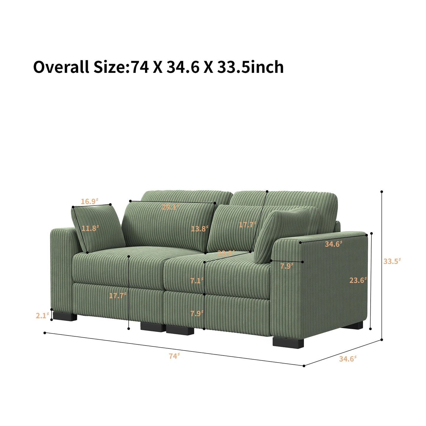 Multi-seater modular Couch, soft smooth ribbed velvet fabric, high resilience seat Cushion, flexible and mobile foot rest, removable backrest Cushion, extra storage space